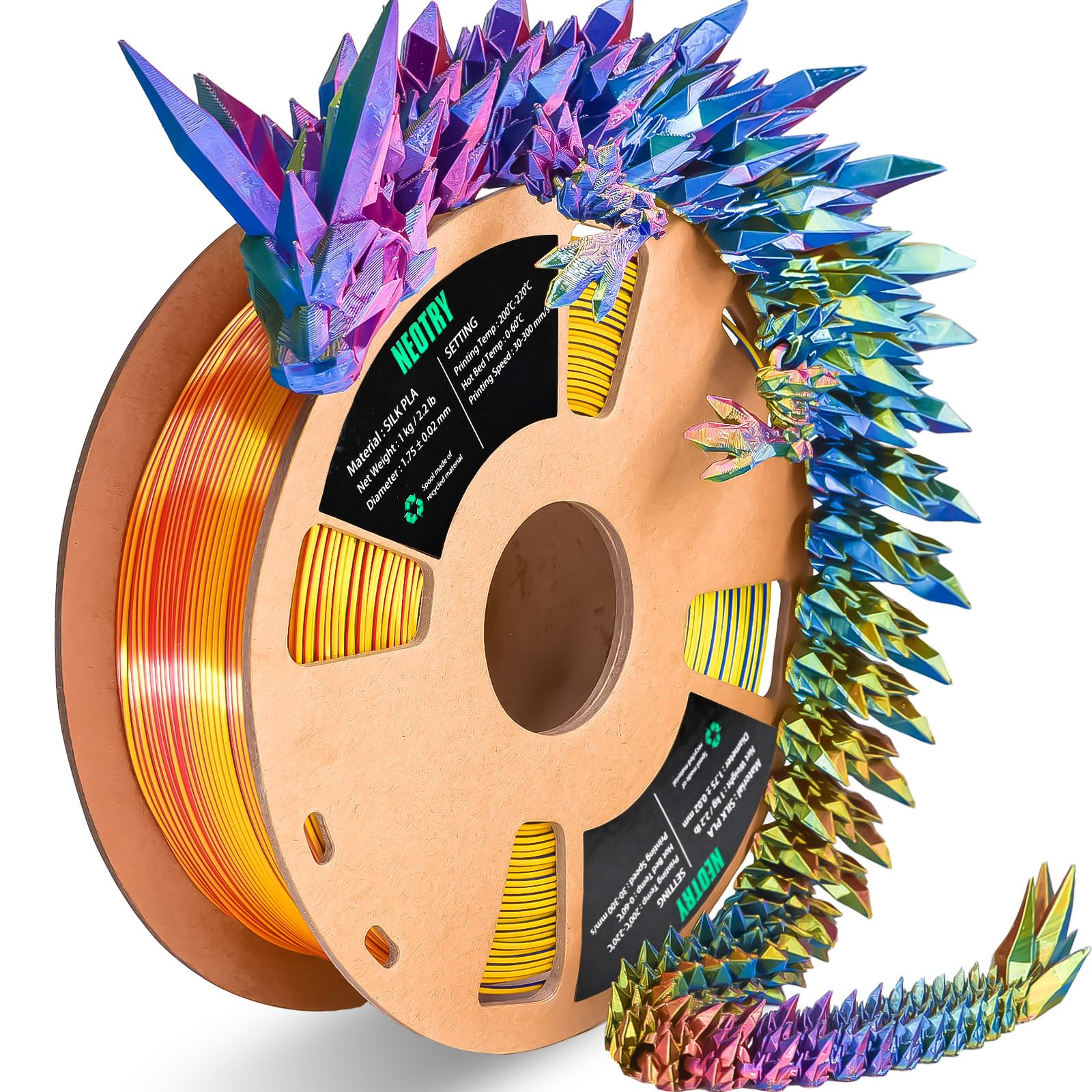 NEOTRY Silk Tri Colour PLA Filament 1.75mm 1kg, Multicolor 3D Printer Filament, 