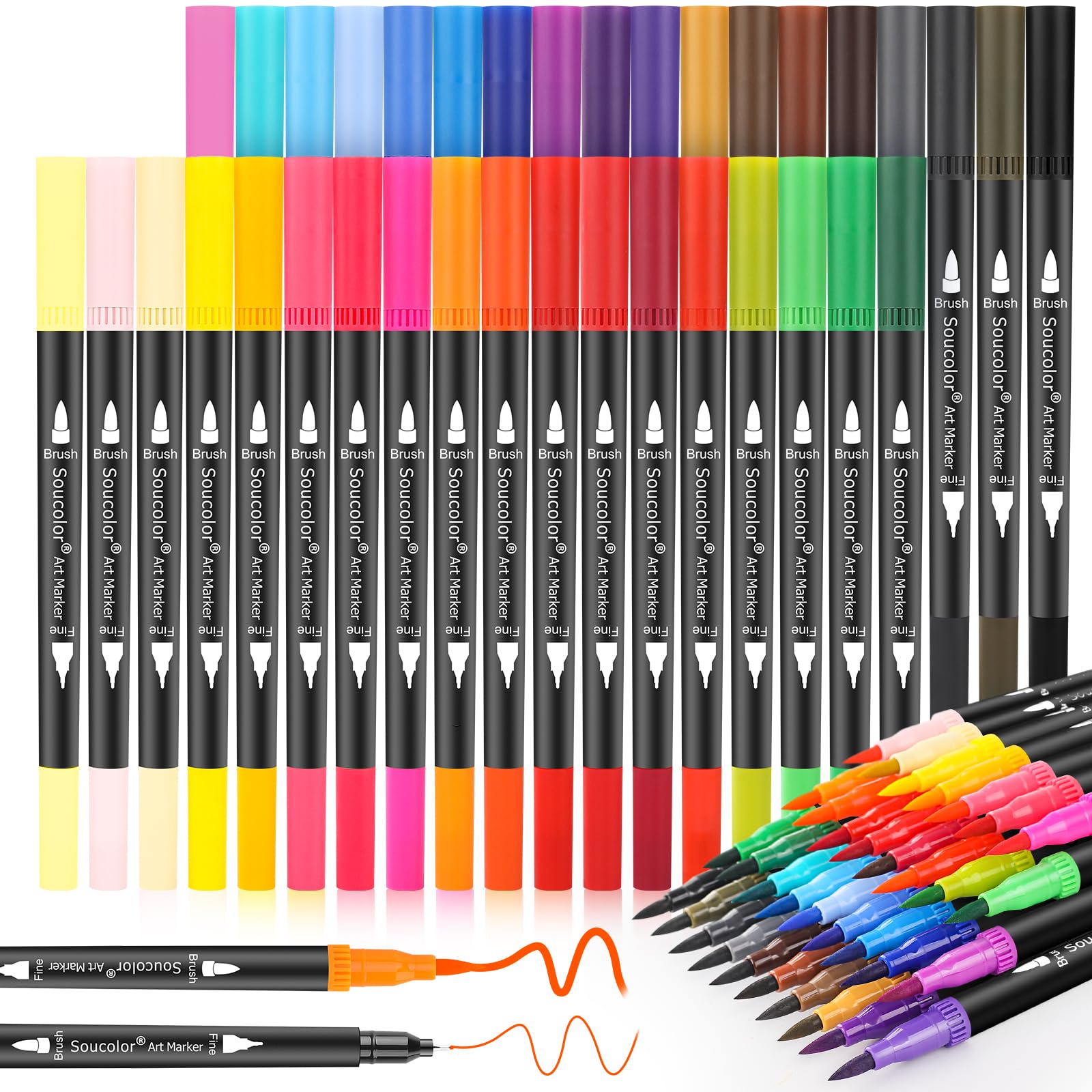 Soucolor 36 Dual Tip Brush Markers, Water-Based Art Pens, Adult Coloring | 36 Co