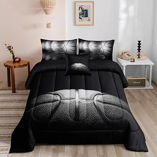 Basketball Comforter Sets,6 PCS Basketball Bedding Set for Boys,Kids Comforter Set for Boys,Twin Black and Grey Comforter Sets for Boy,Bed in A Bag with Sheets(Twin-6 Pieces)