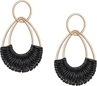 Raffia Hoop Earrings for Women Fun Boho Summer Beach Earrings Lightweight Handmade Straw Wicker Rattan Dangle Earrings Statement Geometric Round Drop Earrings