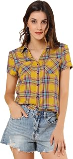 Allegra K Women's Plaid Shirt Cotton Short Sleeve Button Down Western Shirt