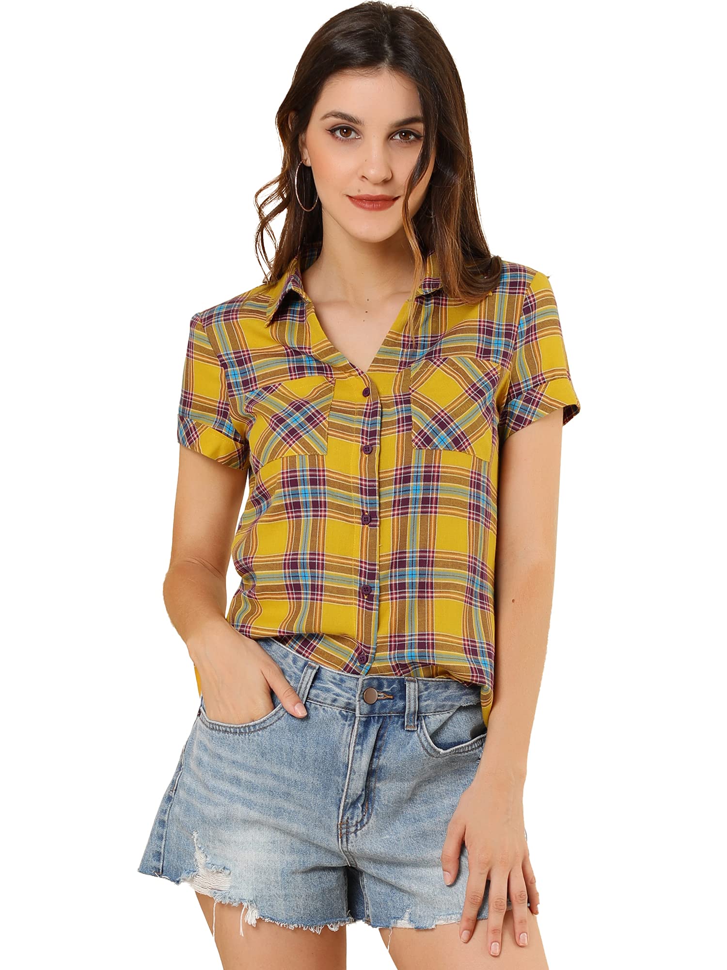 Allegra K Women's Plaid Shirt Cotton Short Sleeve Button Down Western Shirt