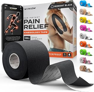 Winiom Kinesiology Tape - Waterproof Athletic Tape, Uncut Roll 2"x16.4ft | Midnight Black, 3-5 Day Adhesion, Hypoallergenic and Latex-Free for Knee, Shoulder, Arm and Back Support + Taping Guide