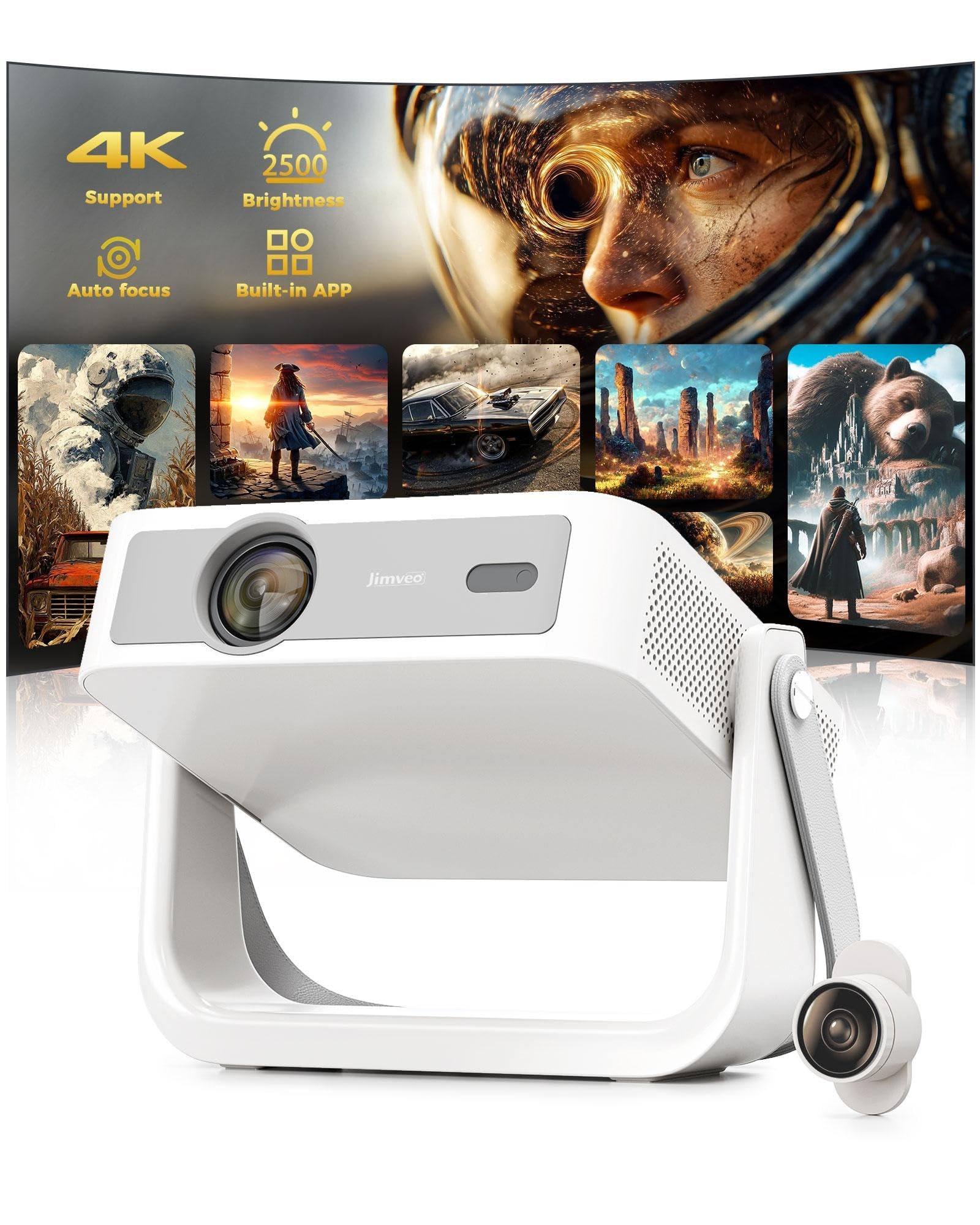 Portable-Projector-4k with Auto Focus,Jimveo AI Movin 3.0 OS, Official Apps | Ma