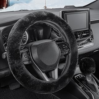 SEG Direct Furry Steering Wheel Cover, Fluffy Fuzzy Gear Shift Cover Black | Gear Shift Cover, 2 PCS Set, Soft and Warm, Cute Fur Auto Car Decor, Standard Size 14.5- 15 inch for Women Men