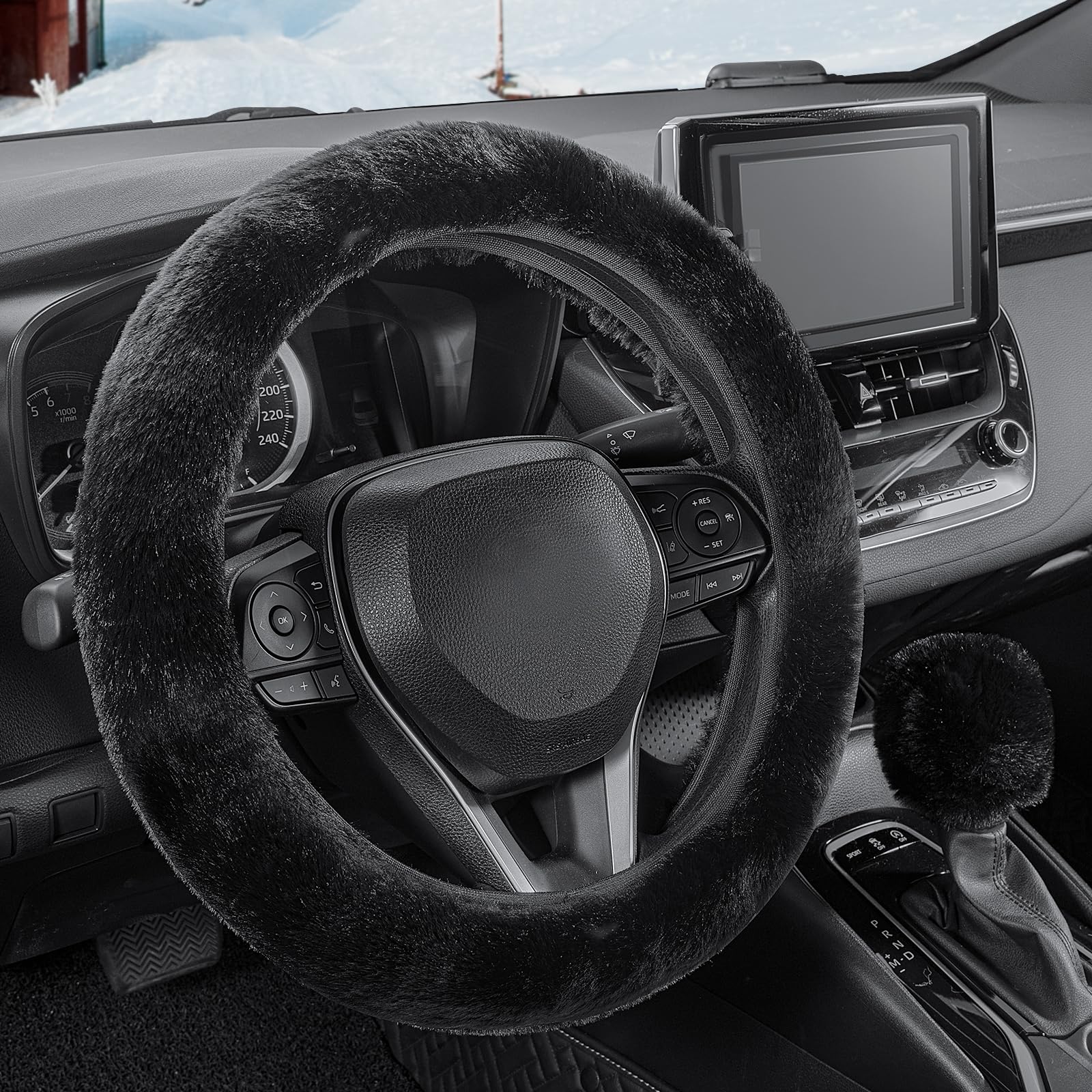 SEG Direct Furry Steering Wheel Cover, Fluffy Fuzzy Gear Shift Cover Black | Gea