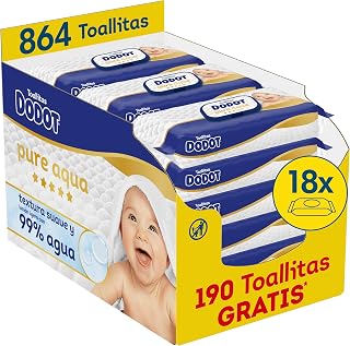 Dodot Pure Aqua Baby Wipes, 864 Wipes (18 Packs x 48 uds) | 99% water, helps restore skin's natural pH, no plastic, gentle for every baby change