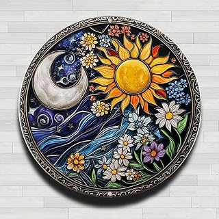 Vintage Rustic Aluminum Round Wall Sign Sun Moon Flower 8 Inch Gifts Indoor Outdoor Decor for Home Office Coffee Shop Patio