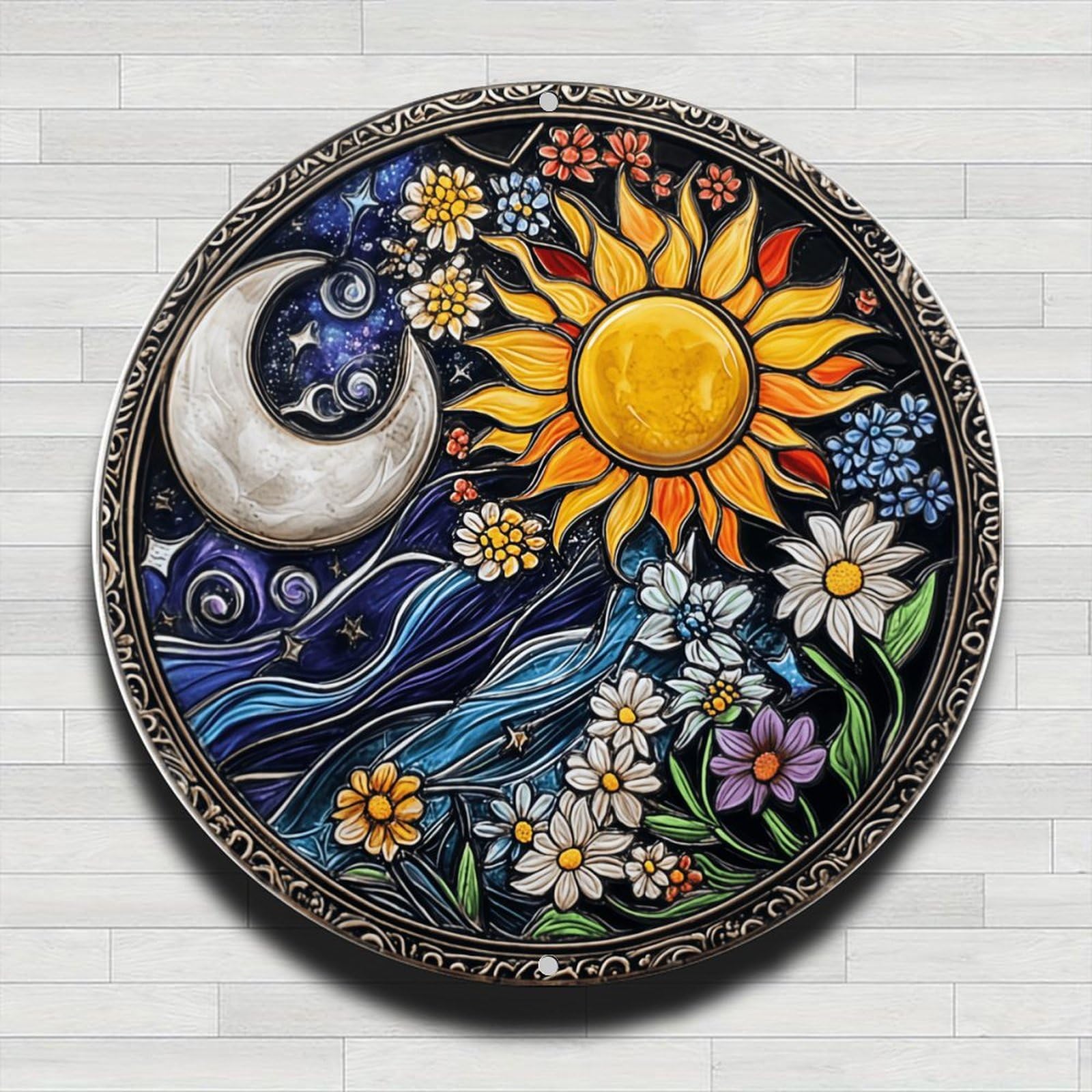 Vintage Rustic Aluminum Round Wall Sign Sun Moon Flower 8 Inch Gifts Indoor Outd