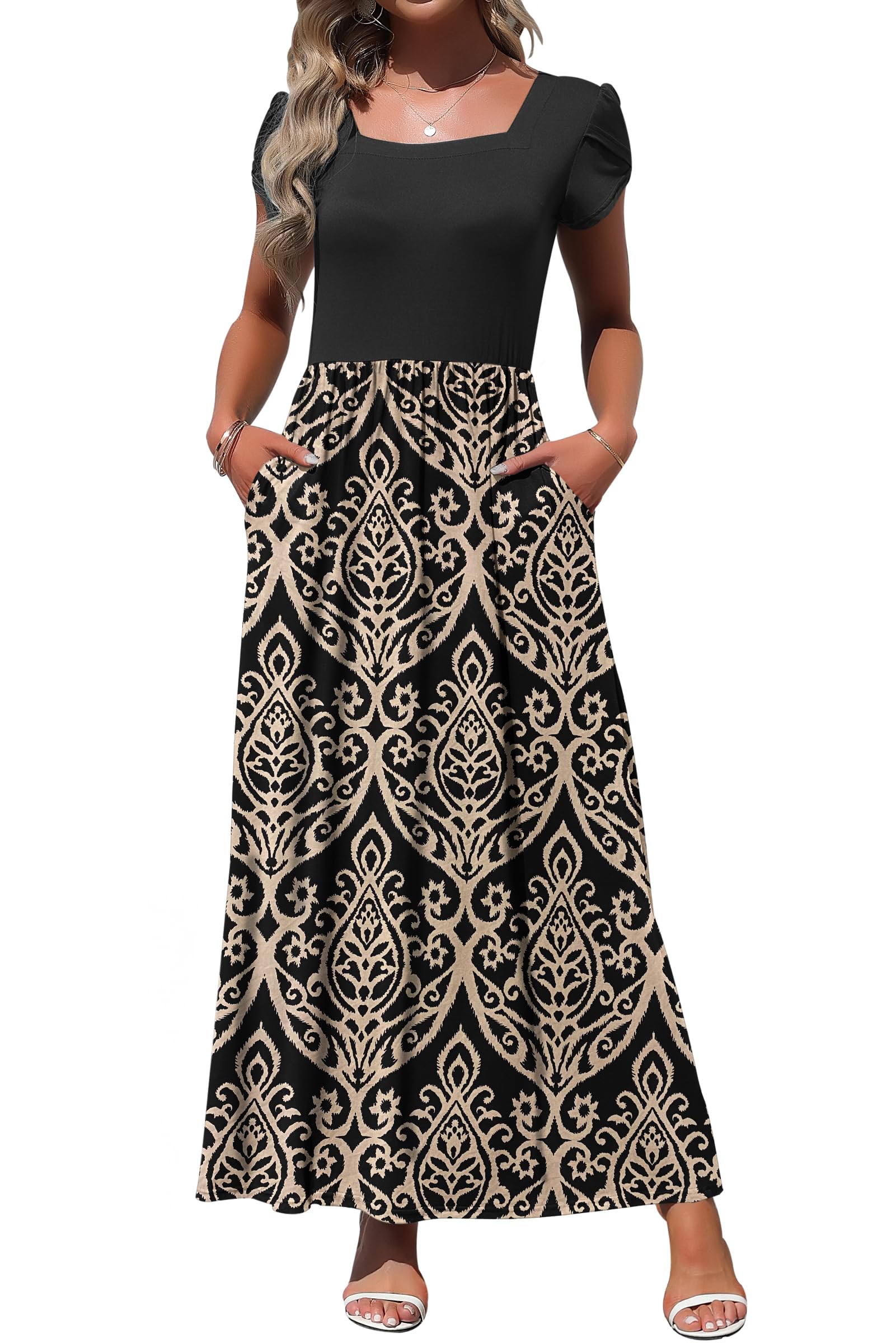 MOLERANI Women's Square Neck Maxi Dresses Petal Sleeve Summer Long Dress