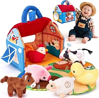 hahaland Baby Toys 6-12 Months Plush Farm Animal Sound Sensory Toys | Interactive Baby Barn Set with Crinkle, Mirror, Montessori Early Learning Toys for 1 Year Old, Travel Toys Gifts Boys Girls