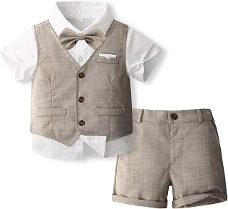 Volunboy Outfits for Baby Boys Wedding Ceremony, Summer Set of Vest, Shirt, Bow Tie, Shorts 4 Pieces