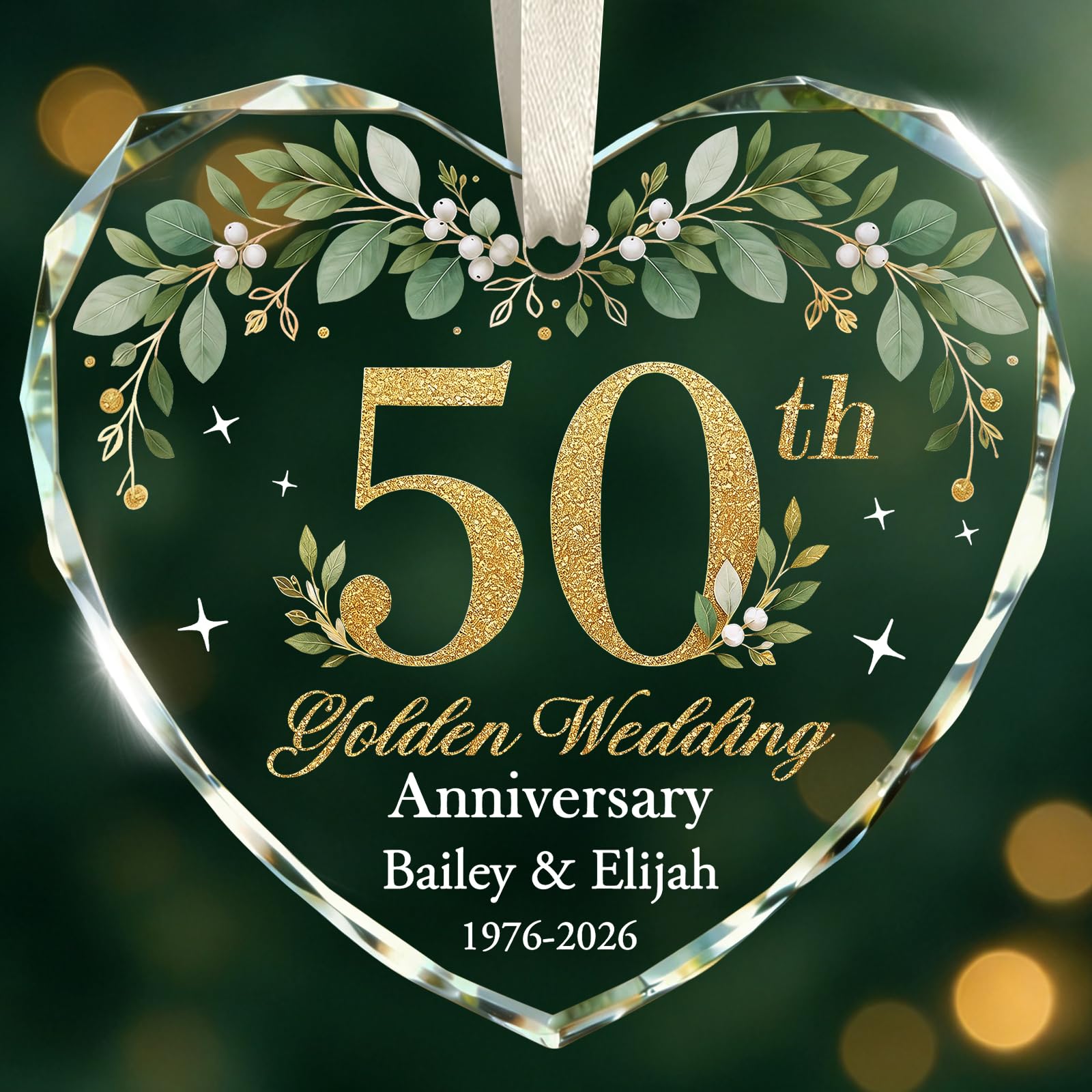 Personalized 50th Wedding Anniversary Gift, Crystal Glass Heart Ornament