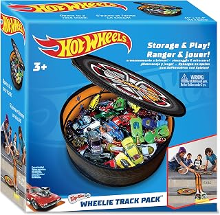 Hot Wheels ZipBin Wheelie Track Pack - Portable Toy Car Storage, Ages 3+ | Unzips Into 35.5in Racetrack Play Mat, Holds 100 Cars, Circle Tire Design with Carrying Handles for Travel, Ages 3+