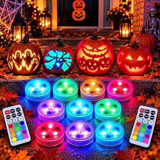 Halloween Pumpkin Lights with Remote, Waterproof LED Tea Lights, 10 Pack | 13 Colours & 4 Modes, IP68 Waterproof, Long Battery Life, Floating, Tea Lights for Party Halloween Christmas Home Decoration