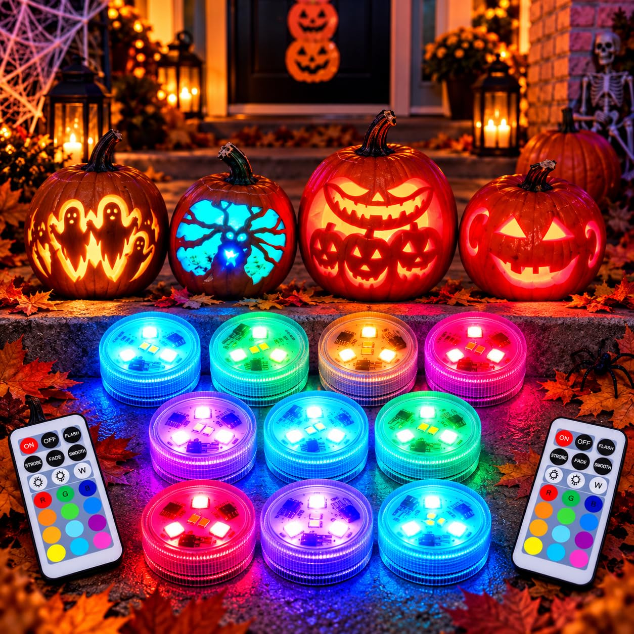 Halloween Pumpkin Lights with Remote, Waterproof LED Tea Lights, 10 Pack | 13 Co