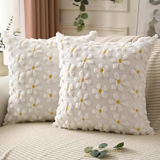 2 Pieces Spring Summer Throw Pillow Covers 20x20 Farmhouse Decor Yellow Flowers Heart Daisy Plush Covers Soft Jacquard Faux Fur Bedroom