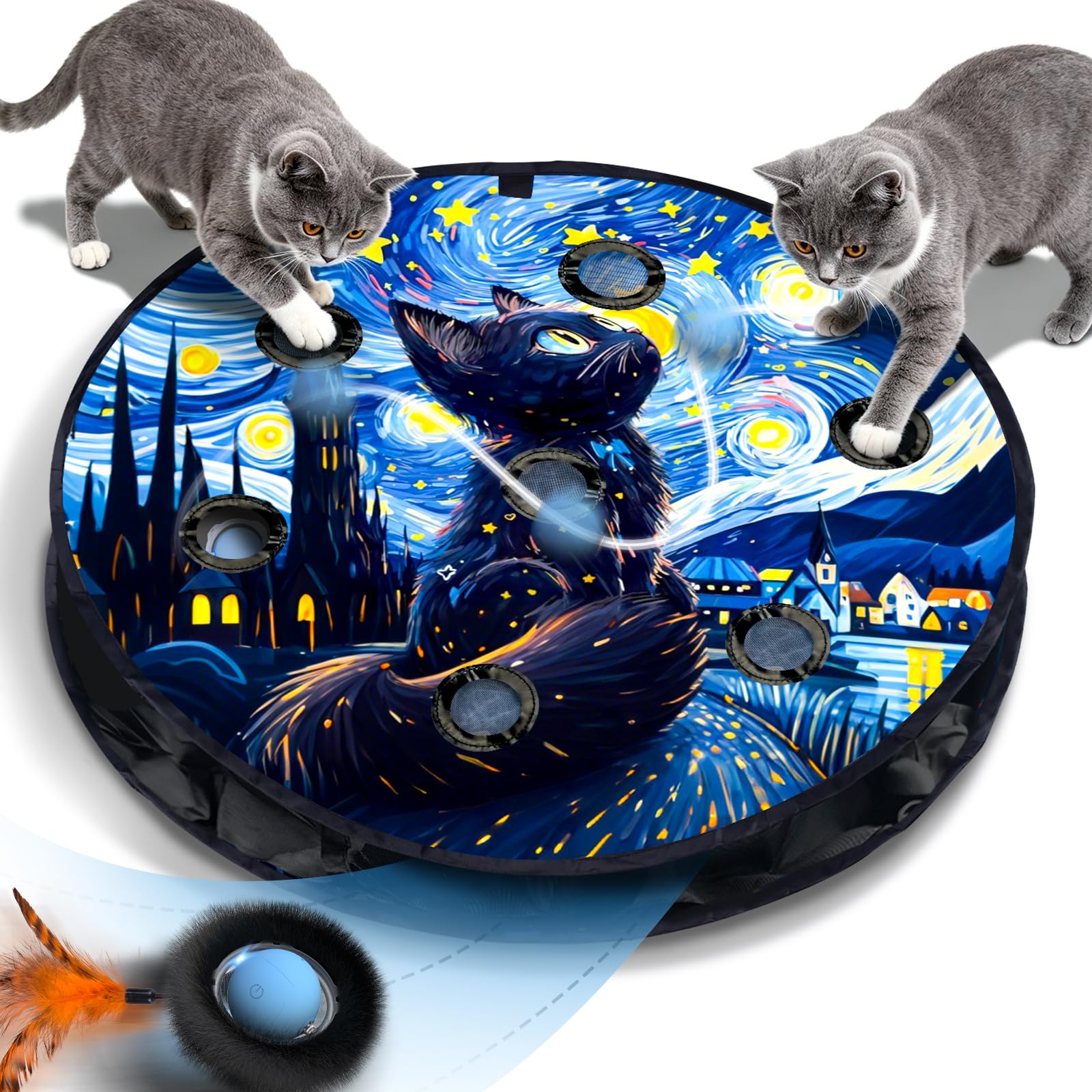 Interactive Cat Toy with Motion Activated Ball & 7-Hole Play Mat, Hide and Seek 