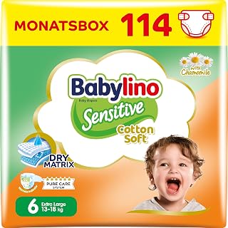 Babylino Sensitive Baby Nappies Size 6, Extra Large (13-18 kg), 114 Nappies