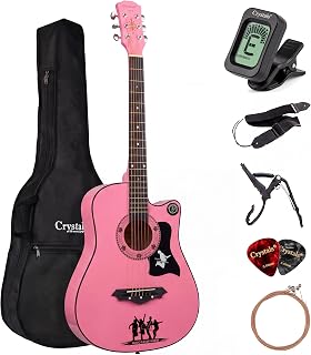 Crystals 38 Inch 4/4 Full Size Classical Acoustic Guitar Pack, 6 String Wooden Guitar with Carry Bag, Clip-On Tuner, Capo, Strap, Spare Strings & Picks, Basswood Beginner Guitar for Adults & Teens