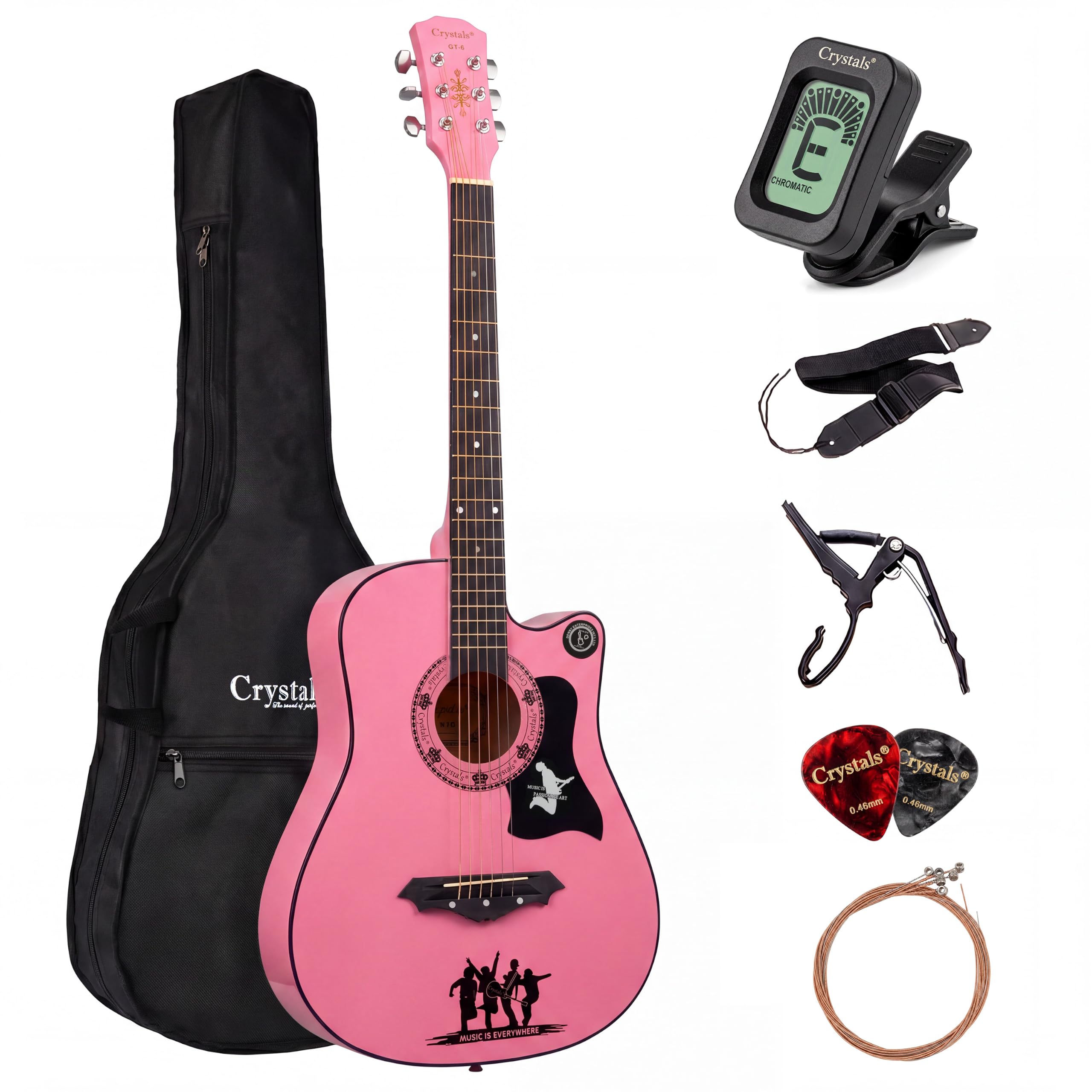 Crystals 38 Inch 4/4 Full Size Classical Acoustic Guitar Pack, 6 String Wooden G