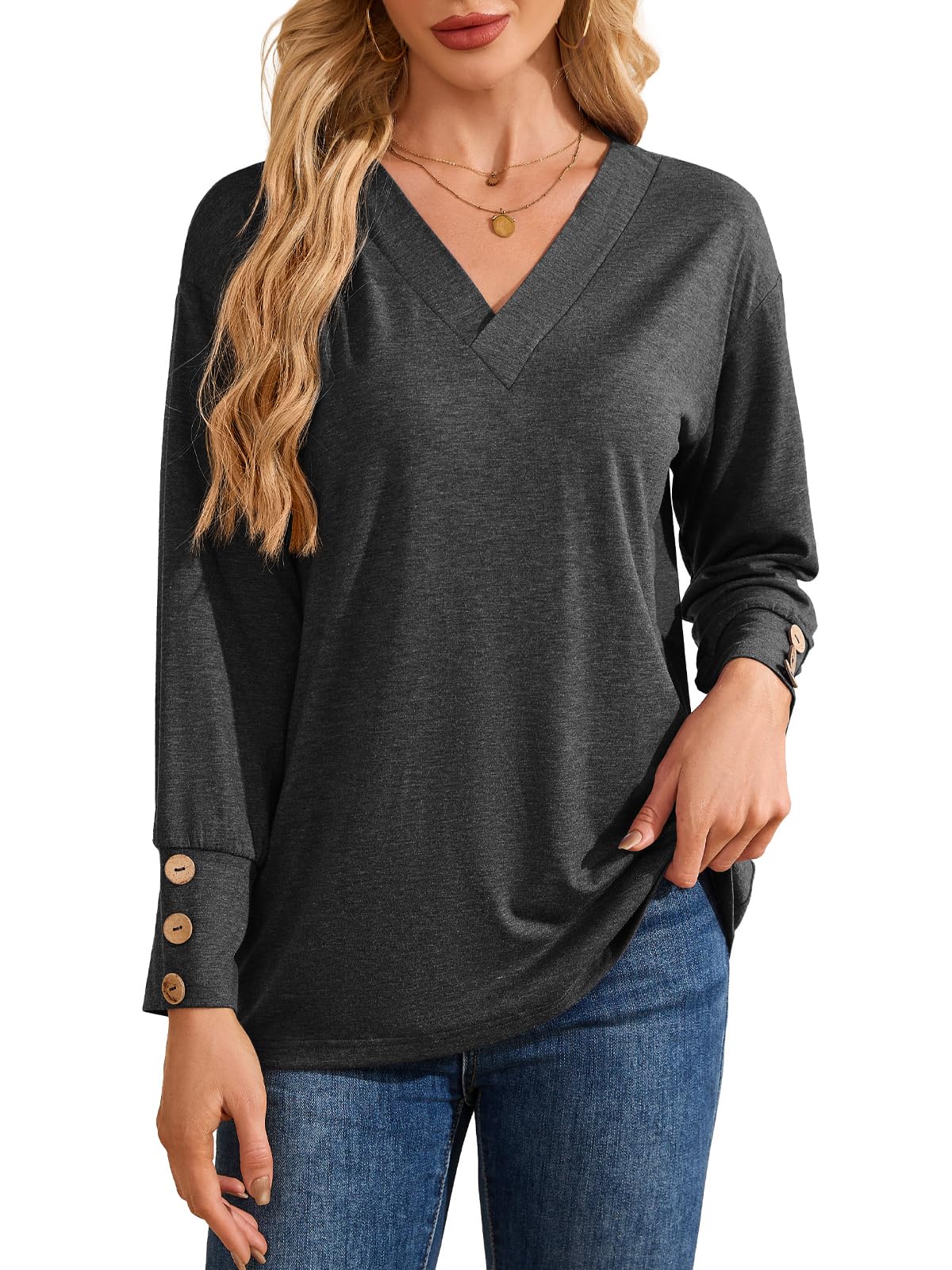 Women's Long Sleeve Shirts Loose Blouses Oversized V Neck Tops Tunic Plus Work B