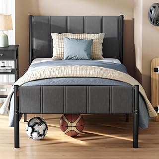 VASAGLE Single Bed Frame, with Upholstered Headboard, 90 x 190 cm