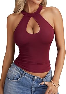 LYANER Women Ribbed Knit Halter Neck Sleeveless Slim Fit Sexy Crop Top