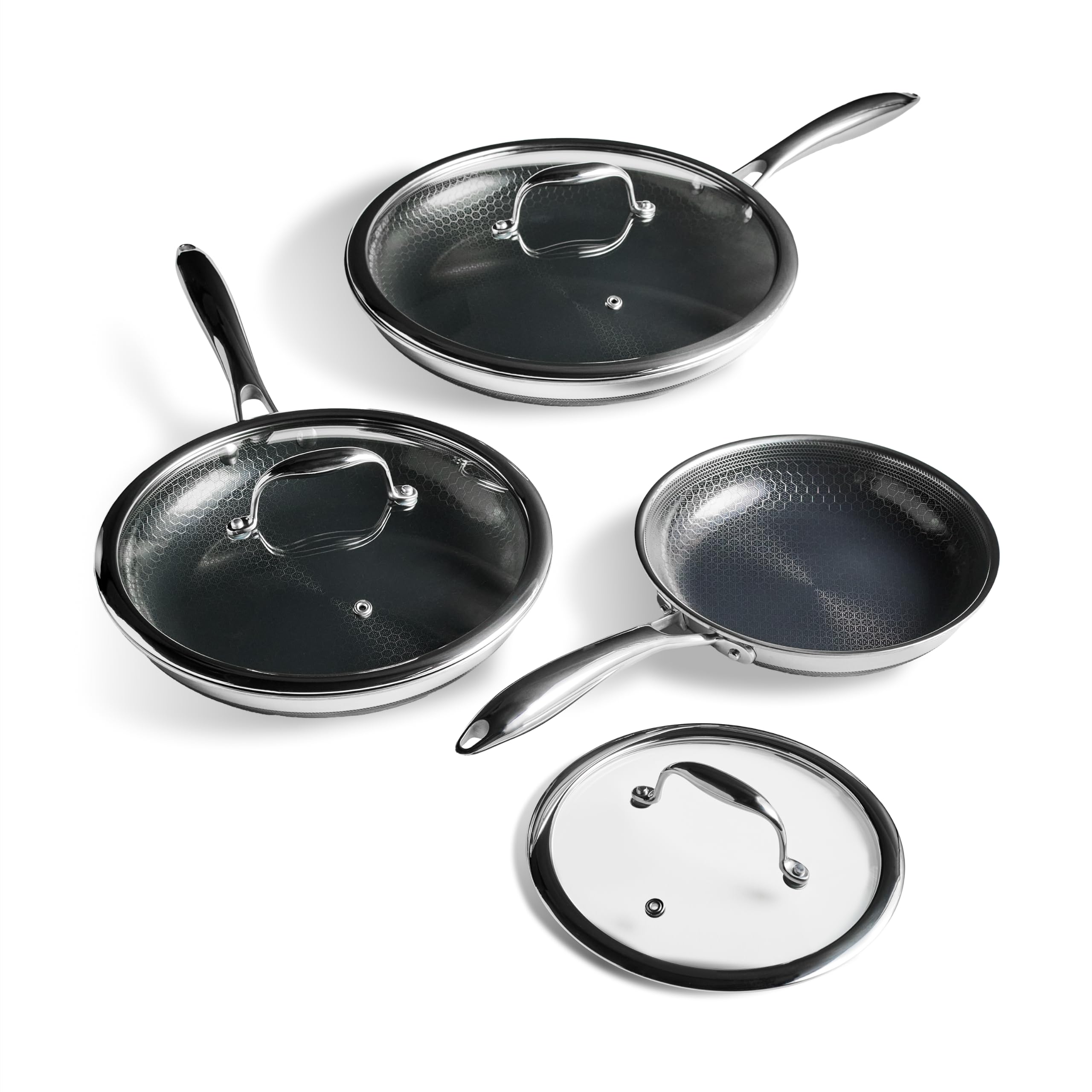 HexClad 6pc Hybrid Nonstick Frying Pans Set with Lids, 8, 10 & 12" Pans | Stay-C
