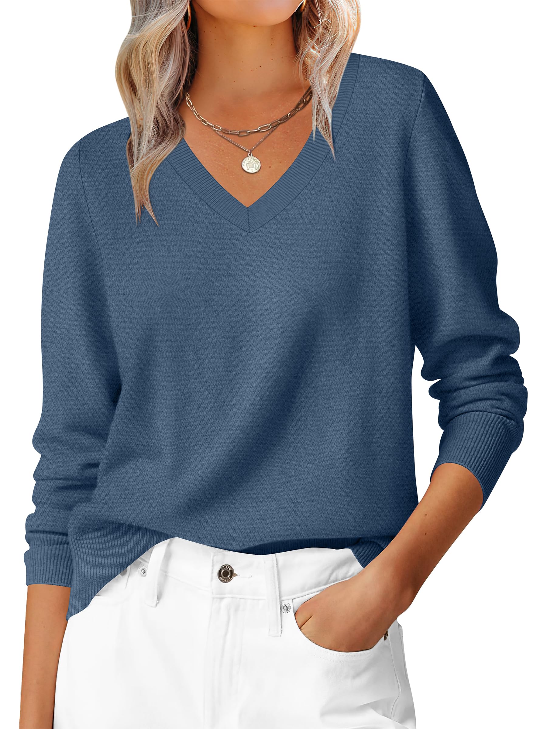 ANRABESS Pull basique à manches longues et col en V pour femme, décontracté, cla