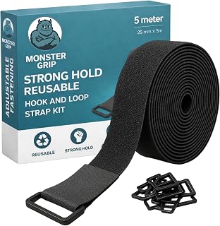 Adjustable Cable Strap 5m x 25mm, Extreme Grip 25 Buckles, Hook & Loop Kit