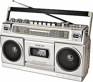 Retro Classic 80s Style Portable Boombox with Cassette Player Recorder, AM/FM/SW1/SW2 Radio, Bluetooth, USB/Micro SD Slots, Headphone Jack, 24W Dual Full-Range High Bass Speakers