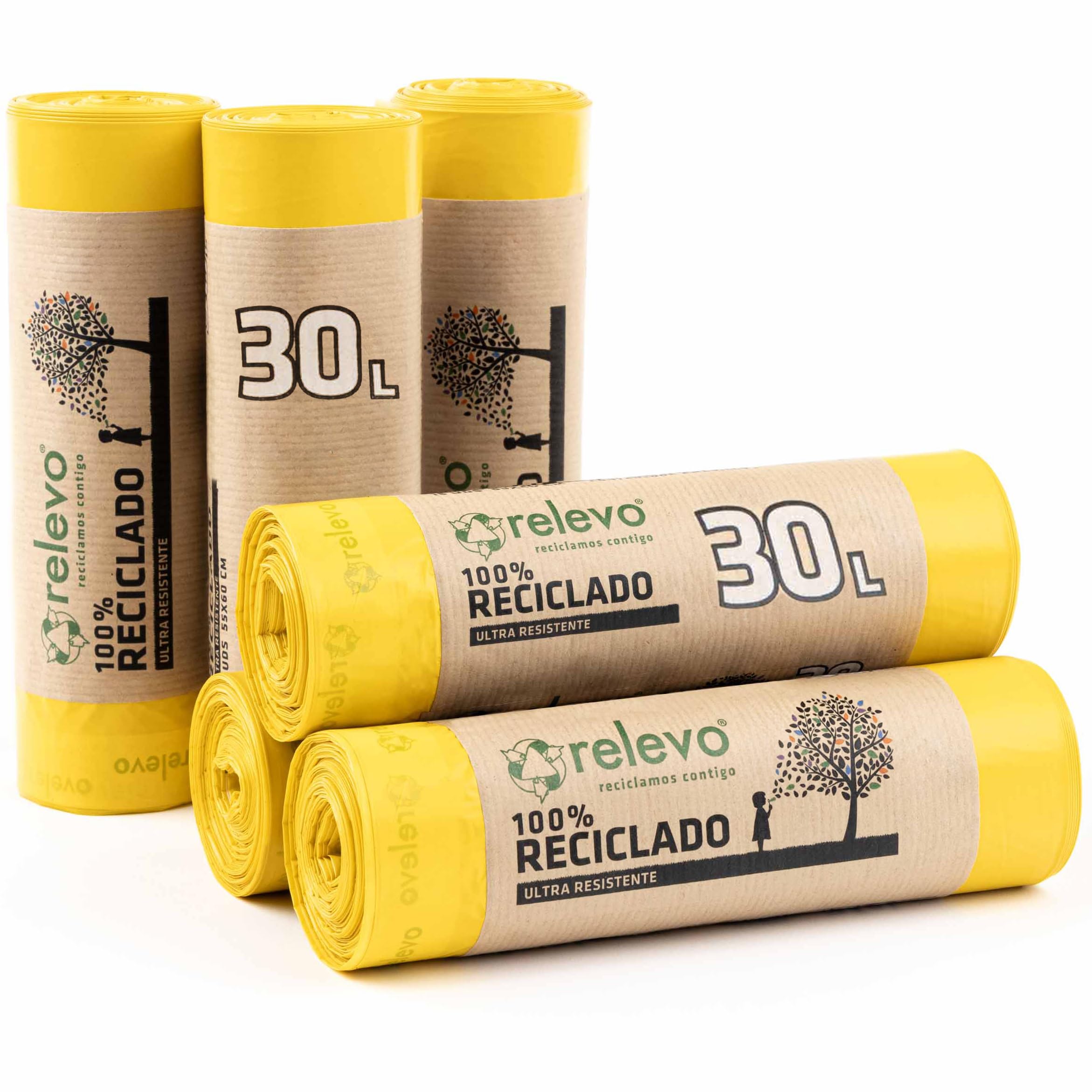 Relevo Yellow Bin Liners with Drawstring Ties - 30L (Width 55cm x Height 60cm), 