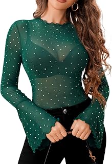 Avidlove Women Rhinestone Mesh Tops Long Sleeve Bell Tops Glitter Blouses Sexy Shirts Disco Clothing Dresses S-XXL