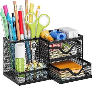 Marbrasse Mesh Pen Holder with 2 Drawers, Multi-Functional Pencil Organizer for Desk, Desk Organizers and Accessories with 3 Compartments + 2 Drawers for Office Art Supplies (Black)