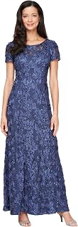 Alex Evenings Long Rosette Mother of The Bride Dress with Short Sleeves, Formal Gown, Wedding Guest Dress for Special Occasion, Purple, 18 Petite Women's