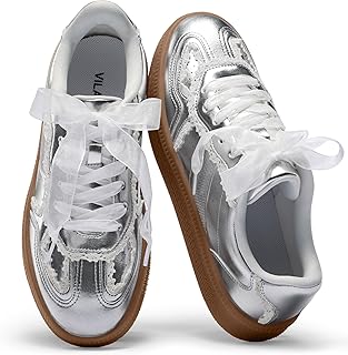 Vilanva Women's Lace Detail Fashion Sneakers Comfortable Casual Dress Sneakers with Retro Gum Sole Walking Trendy Footwear