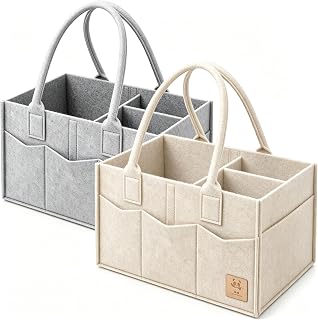 HIPHOP PANDA 2-Pack Diaper Caddy Organizer - Newborn Essentials Baby Registry Must Haves - Sturdy Nursery Storage Bin &amp; Portable Car Caddy for Diapers &amp; Wipes - Grey/Oatmeal Gift Set