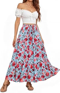 ZESICA Women's Bohemian Floral Printed Elastic Waist A Line Maxi Skirt