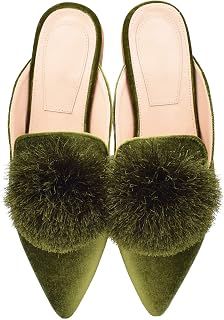 Fericzot Slip On Mule Backless Loafers Flats Puff Pompom Pointed Toe Casual Shoes Slippers Green Size: 4 UK