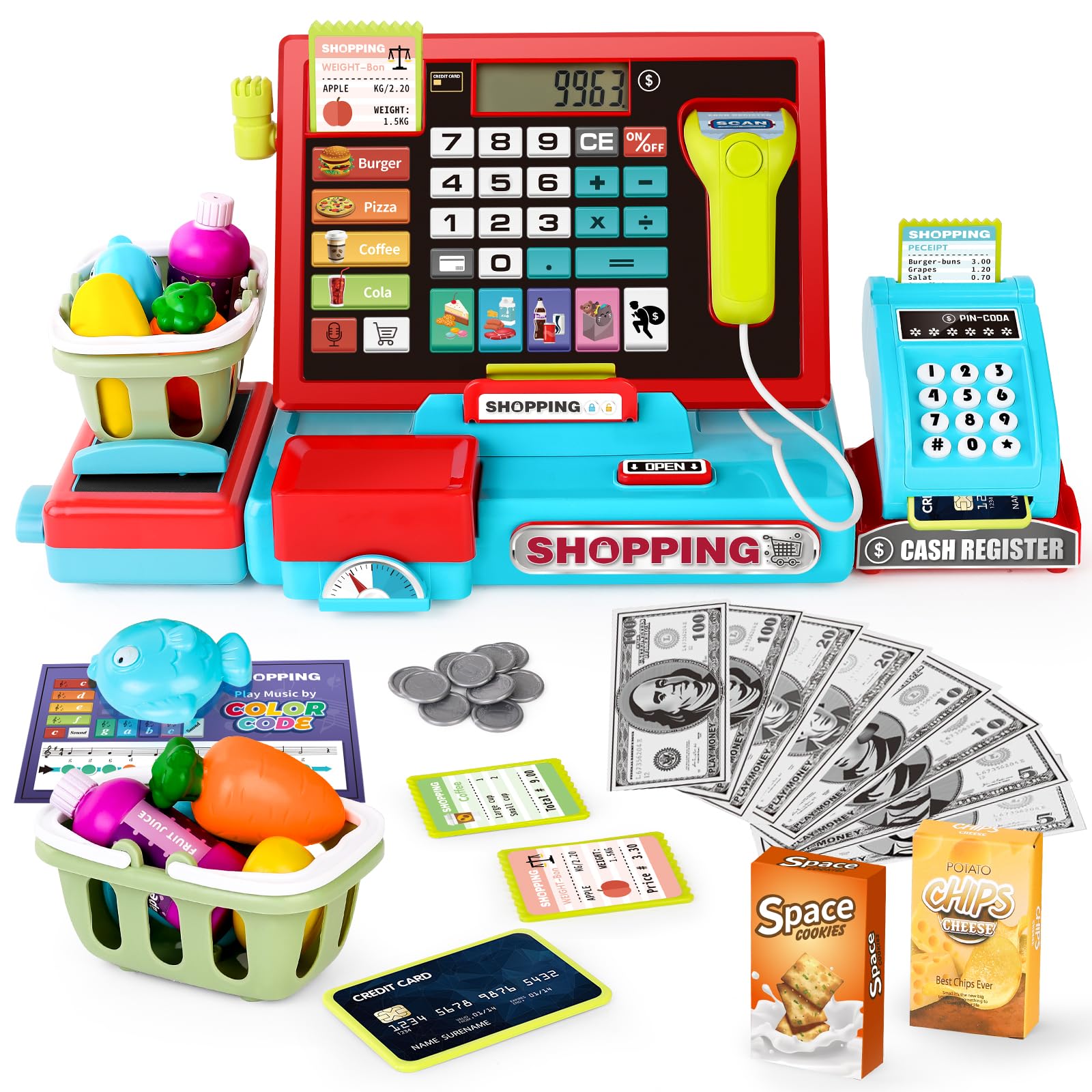 Kids Cash Register with Scanner, Role-Play Toys for Children 3-8 | Microphone, S