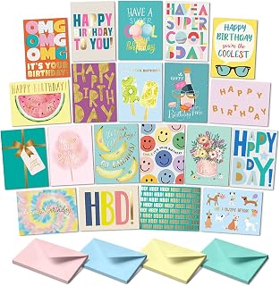 Sweetzer&Orange Happy Birthday Cards with Envelopes, Set of 20, 4.25x5.75" | Assorted Greeting Cards with Box, Variety Set, Bulk Assortment for Celebrations, Office, Friends, Family, Special Occasions