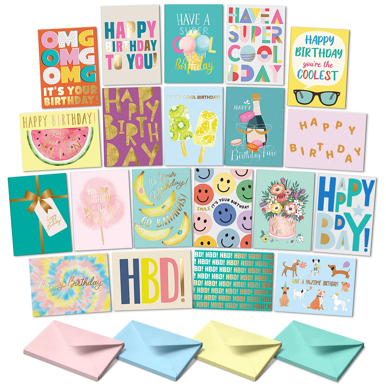 Sweetzer&Orange Happy Birthday Cards with Envelopes, Set of 20, 4.25x5.75" | Ass