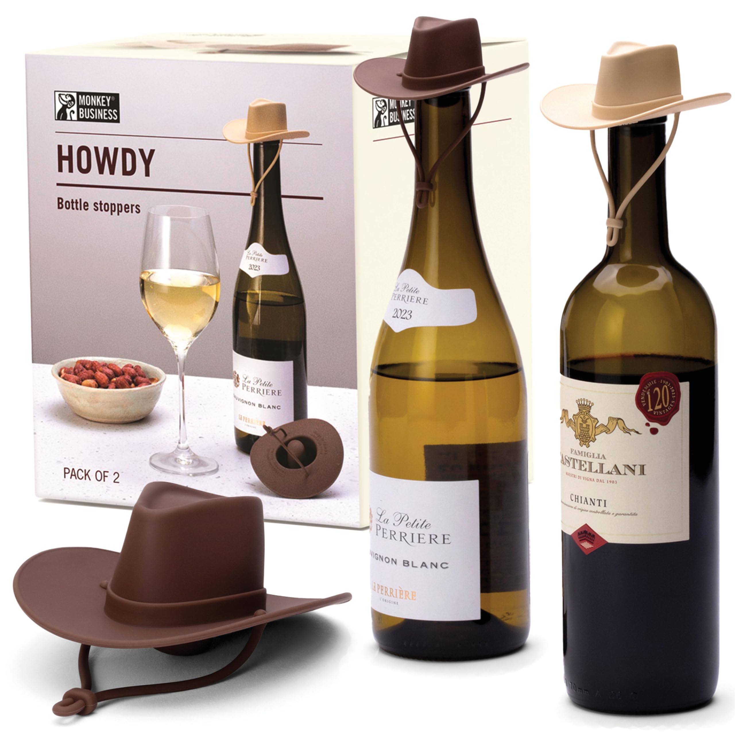 Monkey Business Howdy - 2-Pack Cowboy Hat Wine Stoppers – Fun Silicone Bottle St