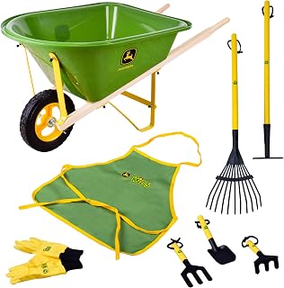 John Deere Deluxe 34" Wheelbarrow and Garden Set Includes 5 Realistic Gardening Tools,Gardening Apron, Gardening Gloves, Large Metal Wheelbarrow with Wooden Handles, Outdoor Toy Ages 5+