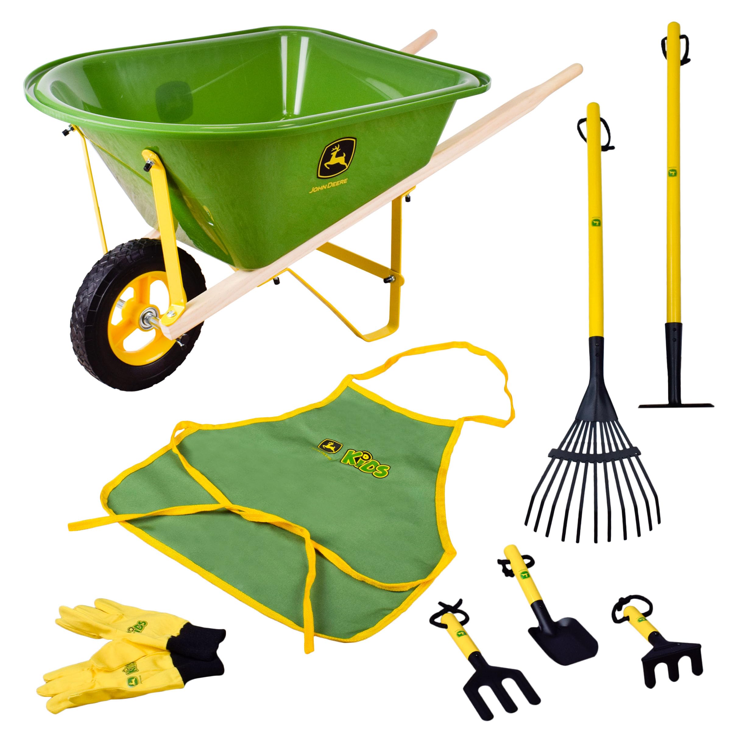 John Deere Deluxe 34" Wheelbarrow and Garden Set Includes 5 Realistic Gardening 
