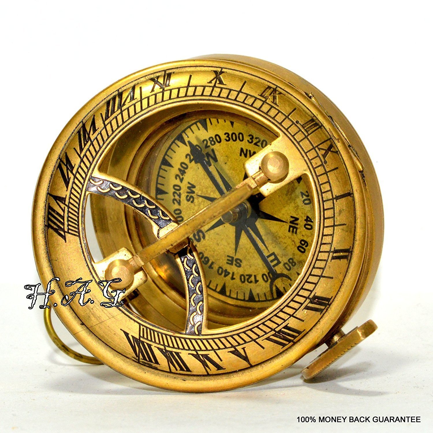 Brass Compass Military or Ships Nautical Pocket Watch Style Sundial Compass Work