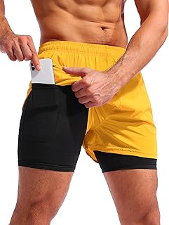Pudolla Men's Running Shorts 2 in 1 with Phone Pockets Quick Dry 5" Inseam Workout Gym Shorts