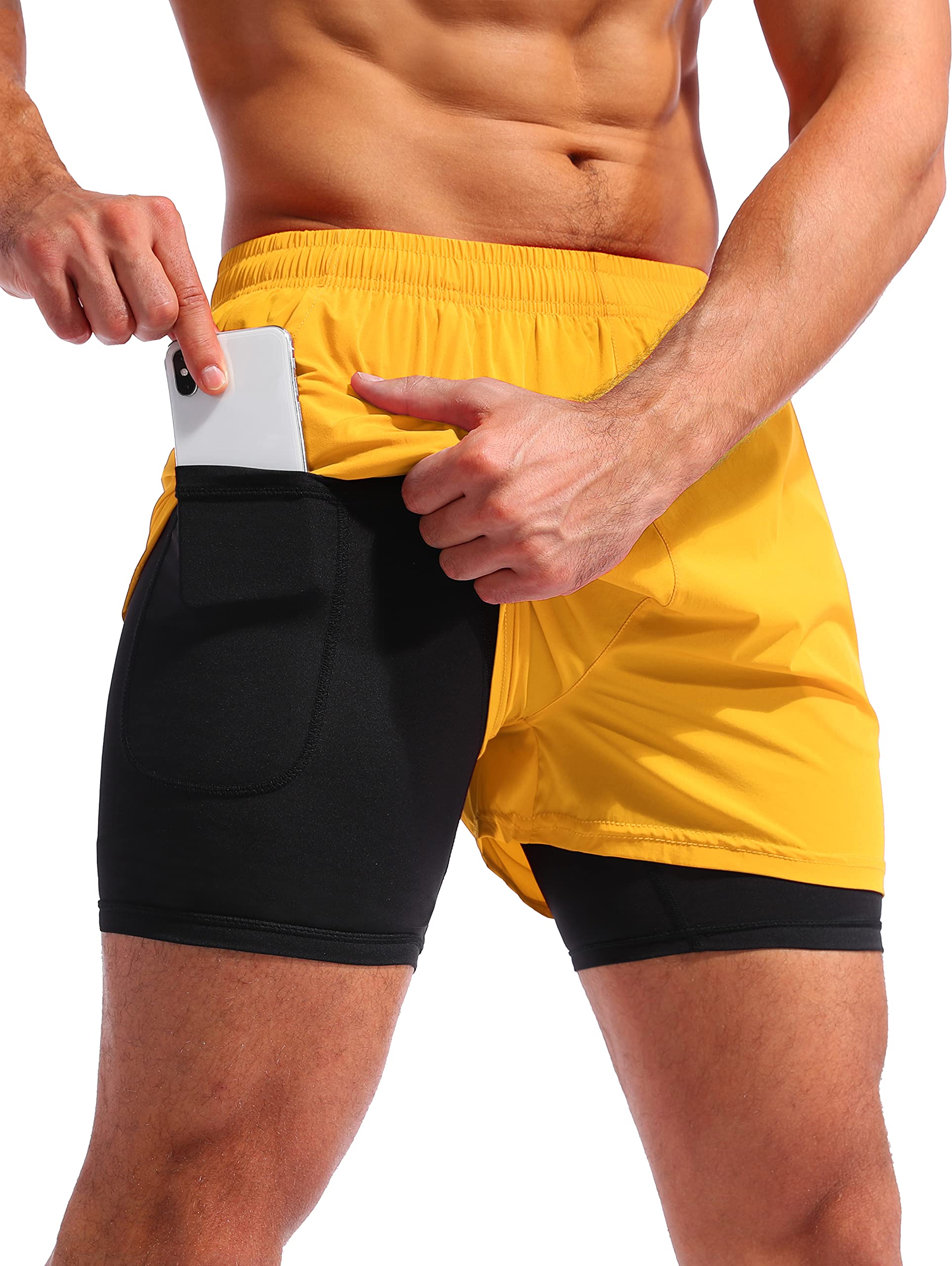 Pudolla Men's Running Shorts 2 in 1 with Phone Pockets Quick Dry 5" Inseam Worko