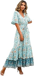 R.Vivimos Womens Summer Cotton Short Sleeve V Neck Floral Print Casual Bohemian Midi Dresses